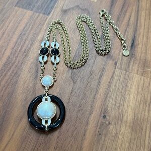 Talbots Mid Century Modern Black Enamel Faux Pearl Retro Long Statement Necklace